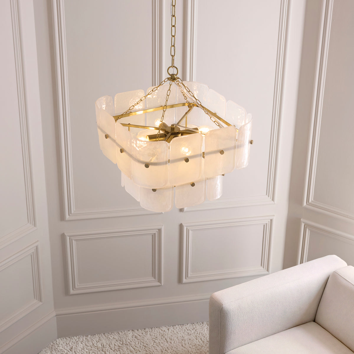 Endon Venice 4 Light Pendant - Brushed Aged Brass Plate & White Handmade Textured Glass