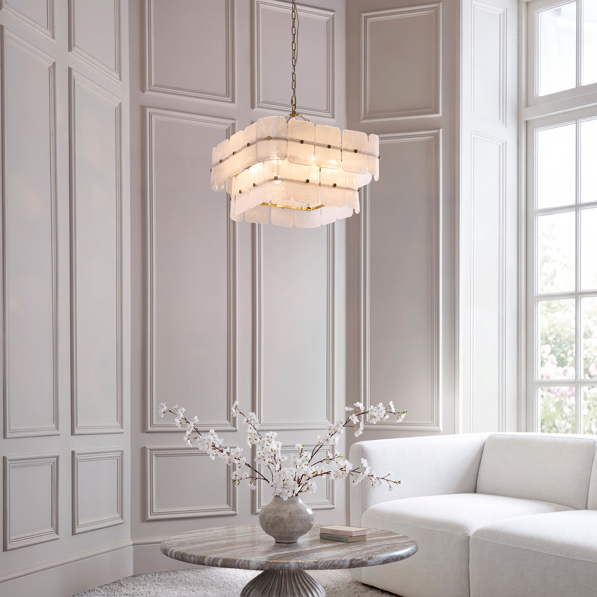 Endon Venice 6 Light Pendant - Brushed Aged Brass Plate & White Handmade Textured Glass