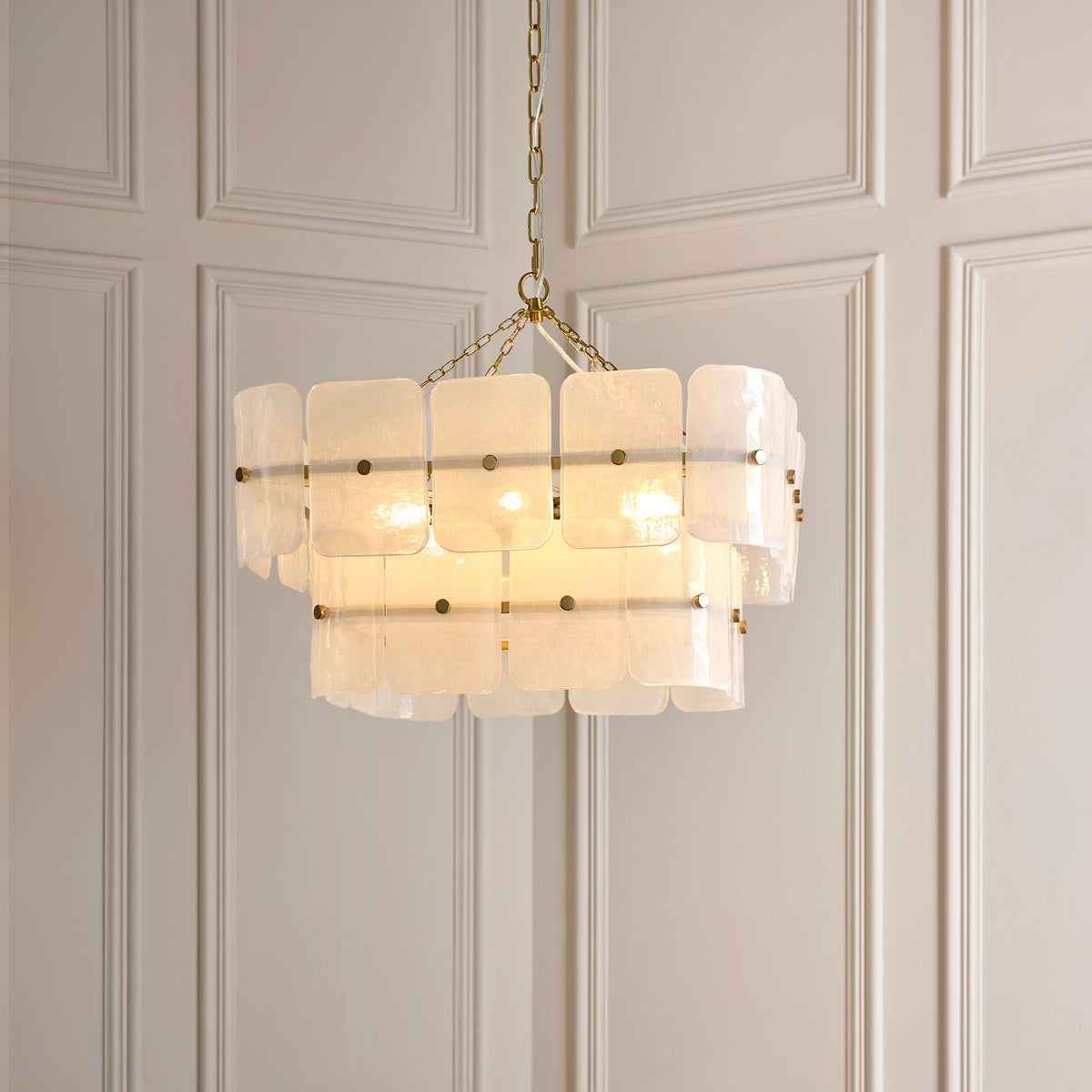 Endon Venice 6 Light Pendant - Brushed Aged Brass Plate & White Handmade Textured Glass