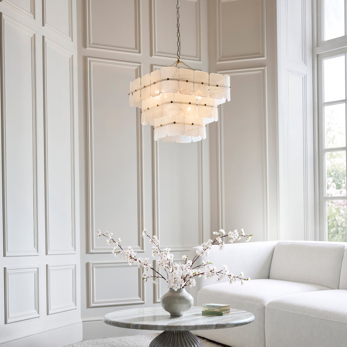 Endon Venice 10 Light Pendant - Brushed Aged Brass Plate & White Handmade Textured Glass