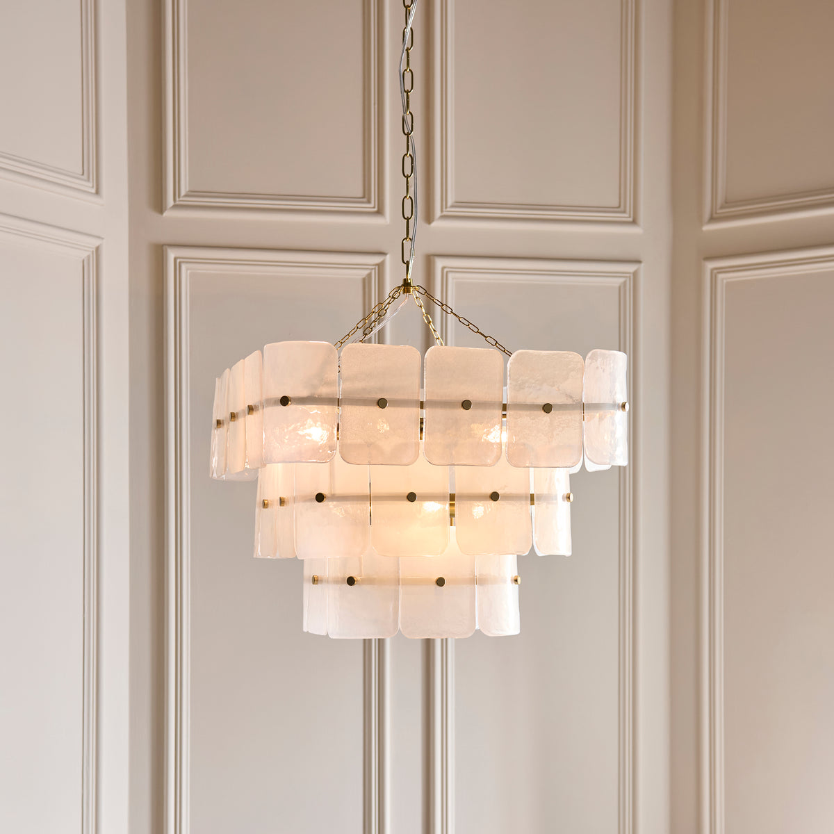Endon Venice 10 Light Pendant - Brushed Aged Brass Plate & White Handmade Textured Glass