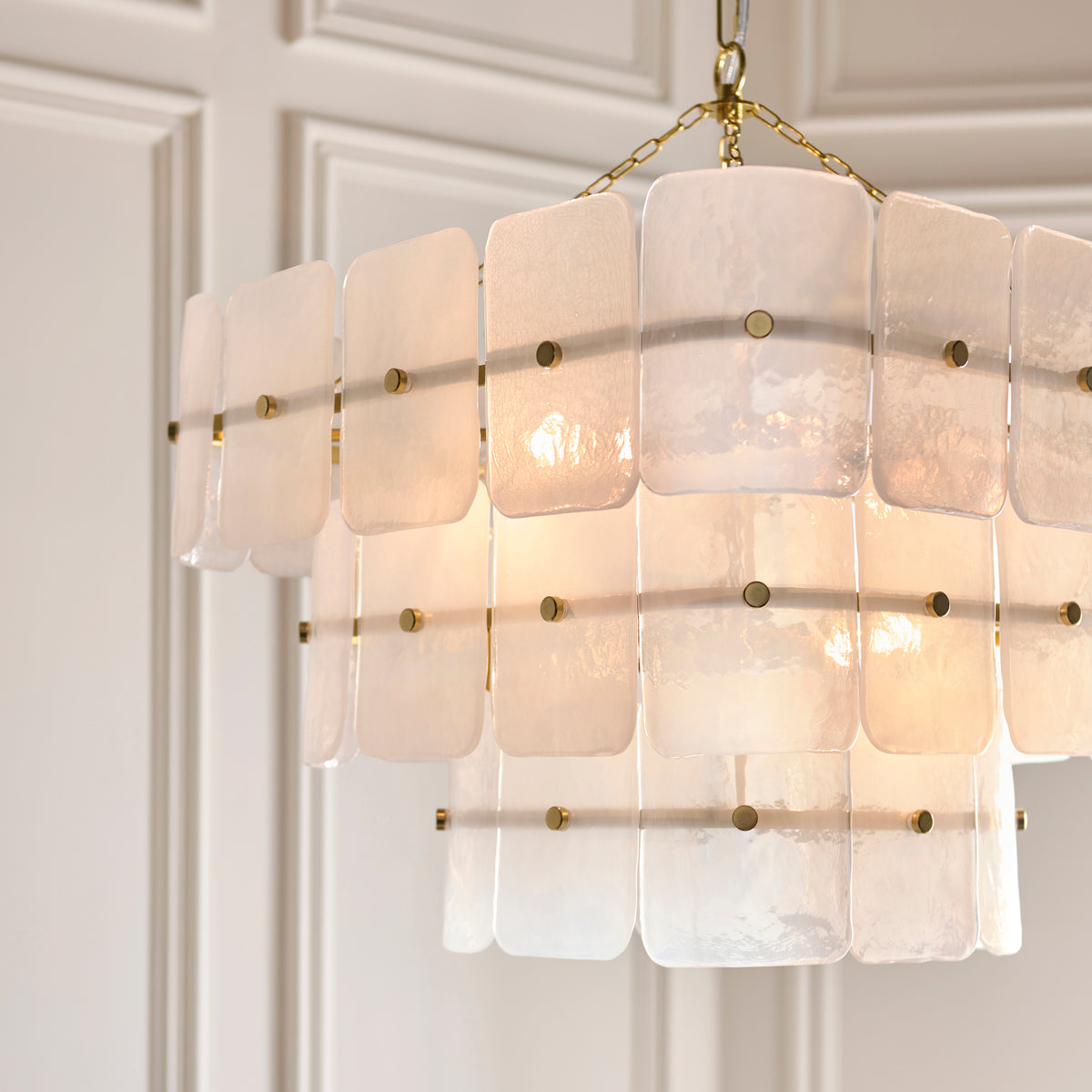 Endon Venice 10 Light Pendant - Brushed Aged Brass Plate & White Handmade Textured Glass