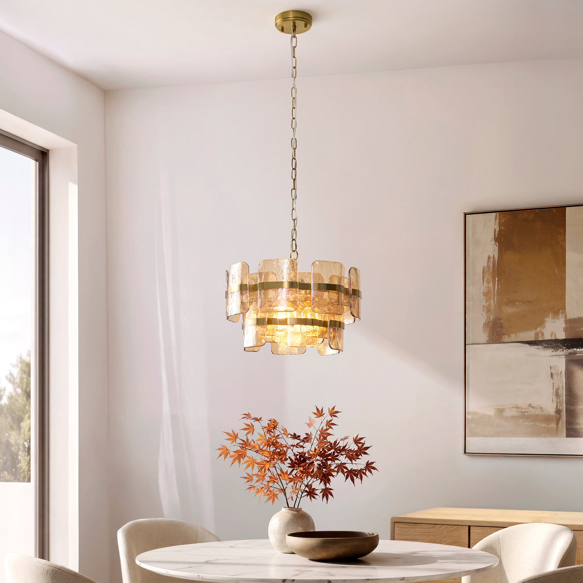 Endon Ancara 3 Light Pendant - Brushed Aged Brass Plate & Champagne Handmade Textured Glass
