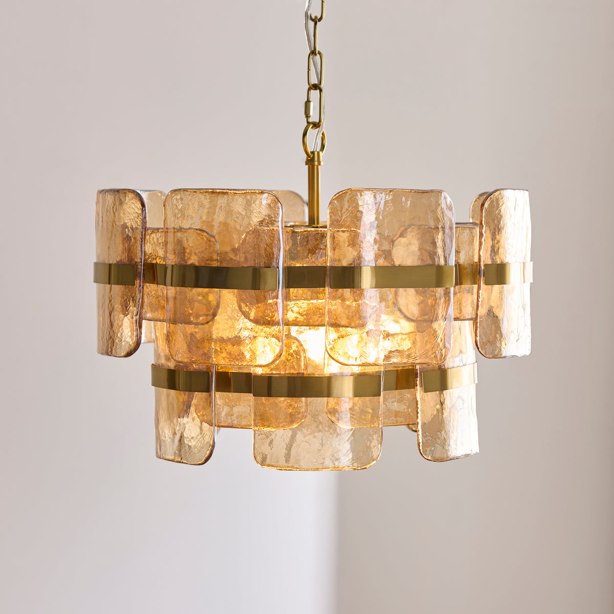 Endon Ancara 3 Light Pendant - Brushed Aged Brass Plate & Champagne Handmade Textured Glass