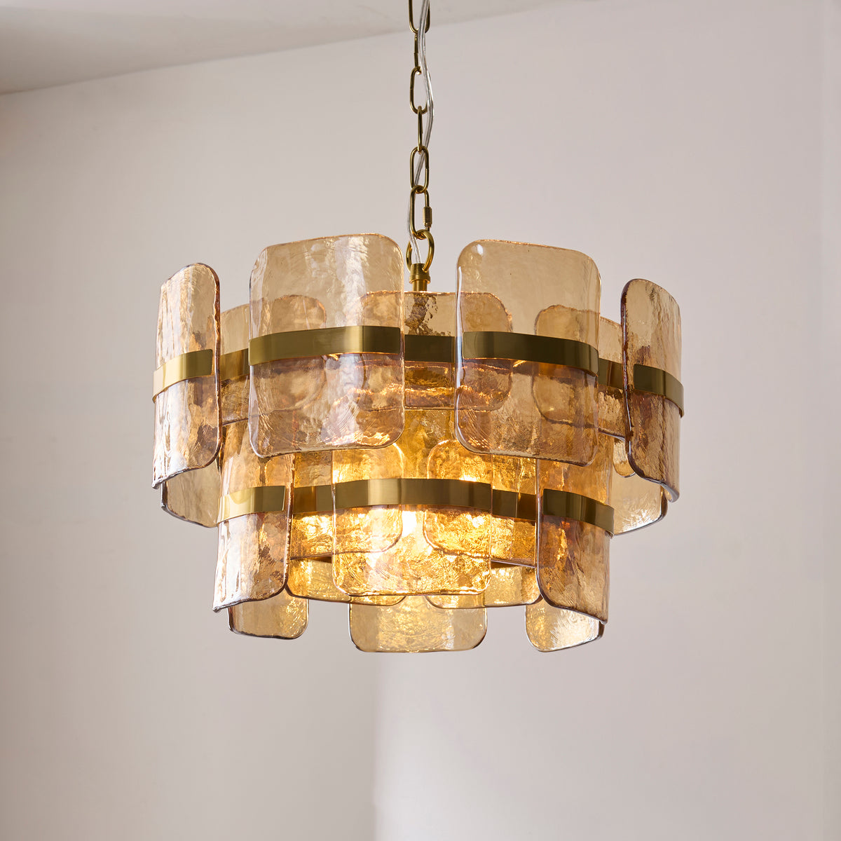 Endon Ancara 3 Light Pendant - Brushed Aged Brass Plate & Champagne Handmade Textured Glass
