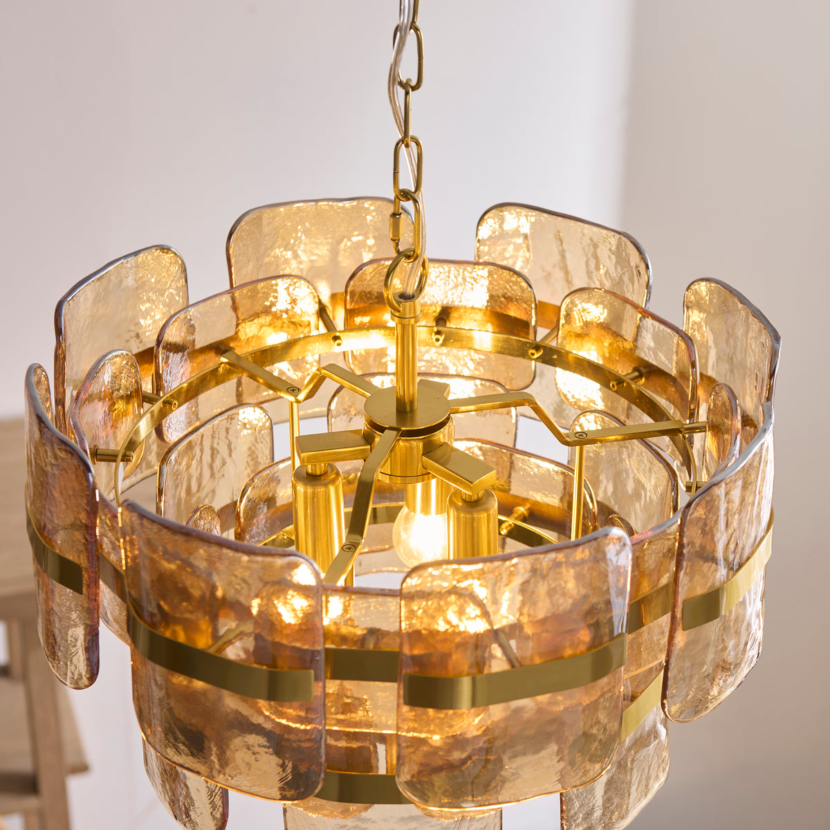Endon Ancara 3 Light Pendant - Brushed Aged Brass Plate & Champagne Handmade Textured Glass