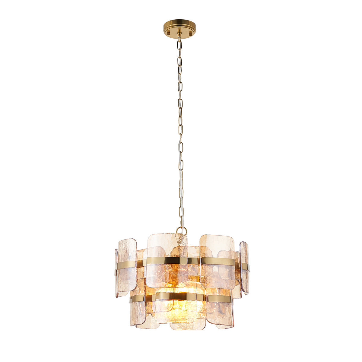 Endon Ancara 3 Light Pendant - Brushed Aged Brass Plate & Champagne Handmade Textured Glass