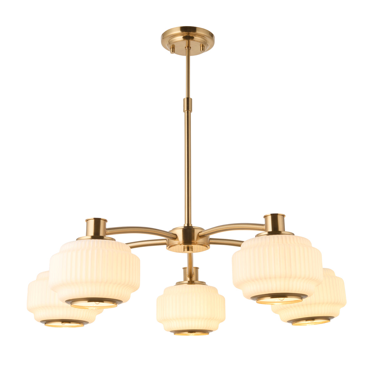 Endon Evora 5 Light Pendant - Brushed Aged Brass Plate & Opal Ribbed Glass