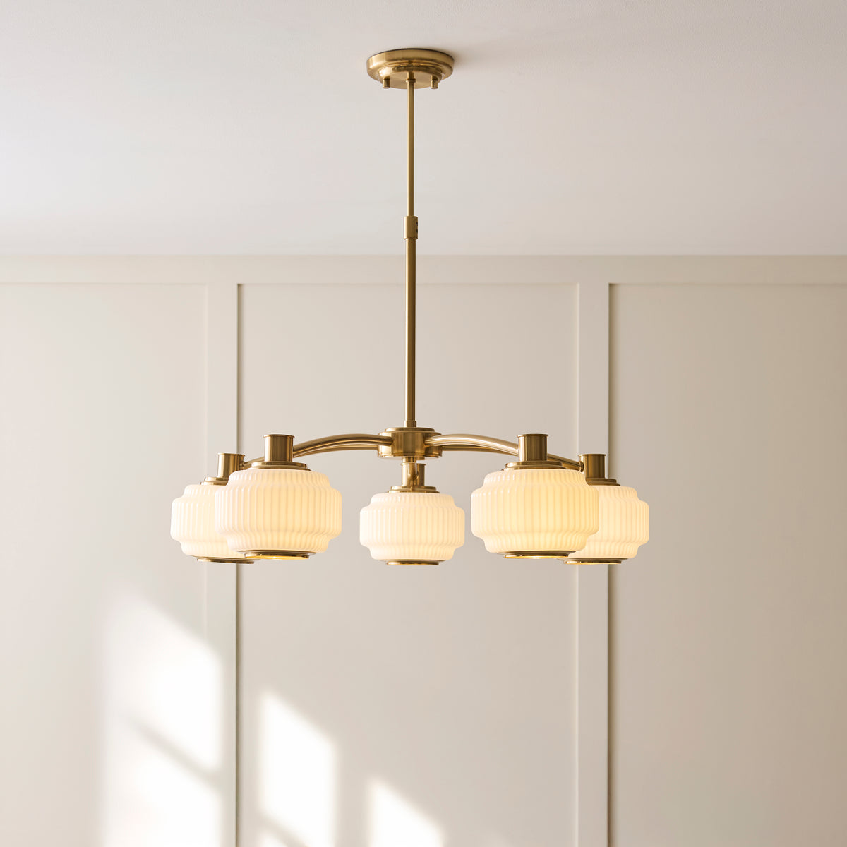 Endon Evora 5 Light Pendant - Brushed Aged Brass Plate & Opal Ribbed Glass
