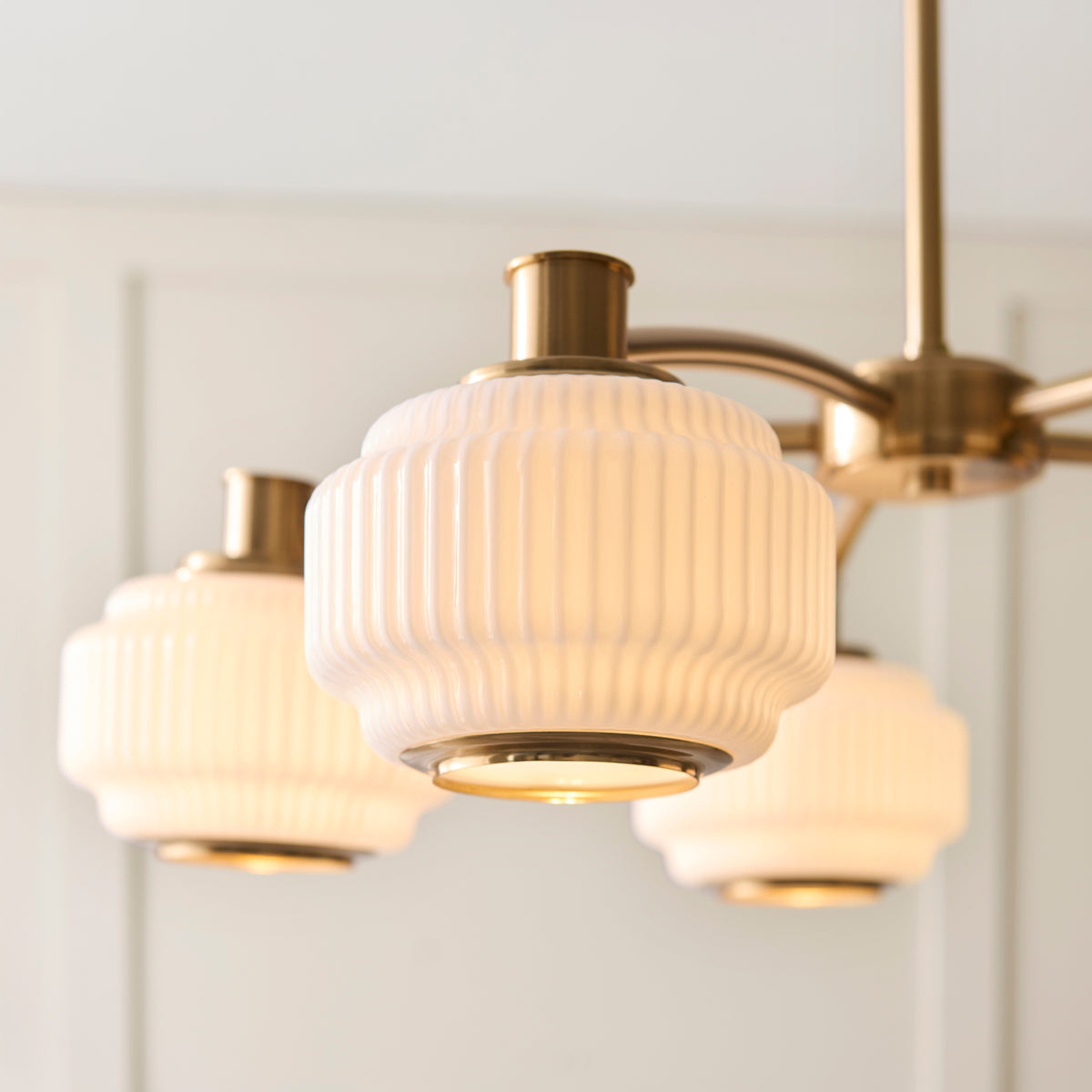 Endon Evora 5 Light Pendant - Brushed Aged Brass Plate & Opal Ribbed Glass