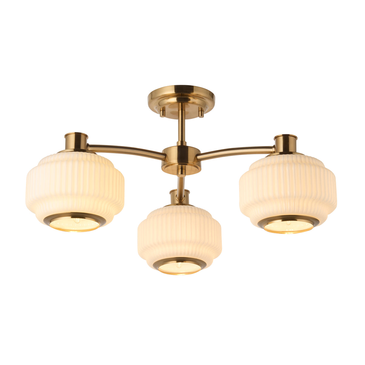 Endon Evora 3 Light Semi Flush - Brushed Aged Brass Plate & Opal Ribbed Glass