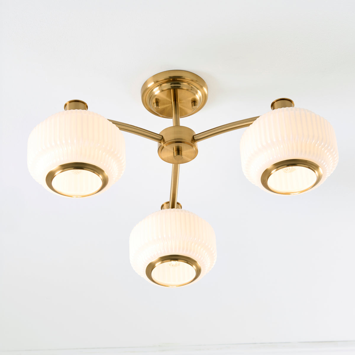 Endon Evora 3 Light Semi Flush - Brushed Aged Brass Plate & Opal Ribbed Glass