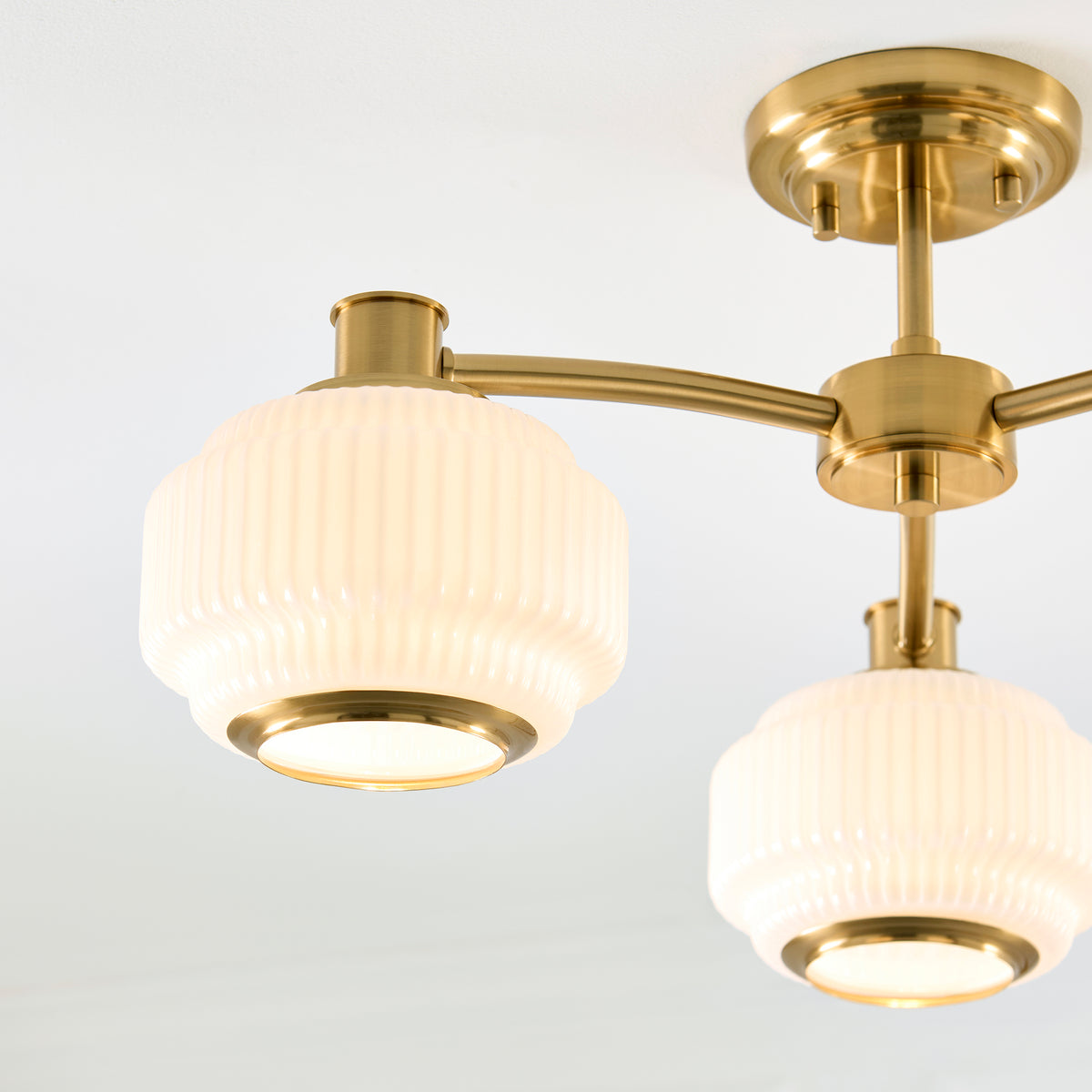Endon Evora 3 Light Semi Flush - Brushed Aged Brass Plate & Opal Ribbed Glass