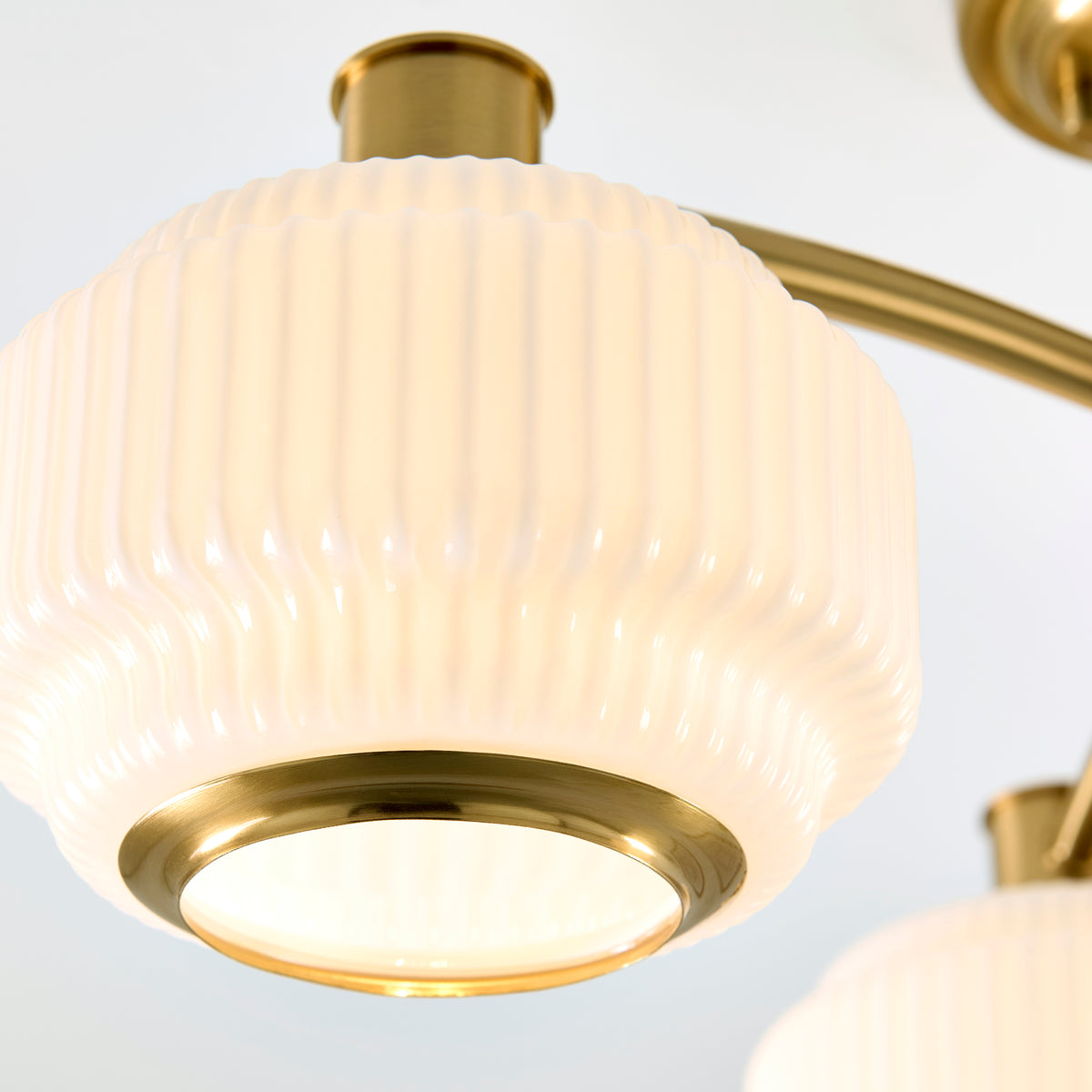 Endon Evora 3 Light Semi Flush - Brushed Aged Brass Plate & Opal Ribbed Glass