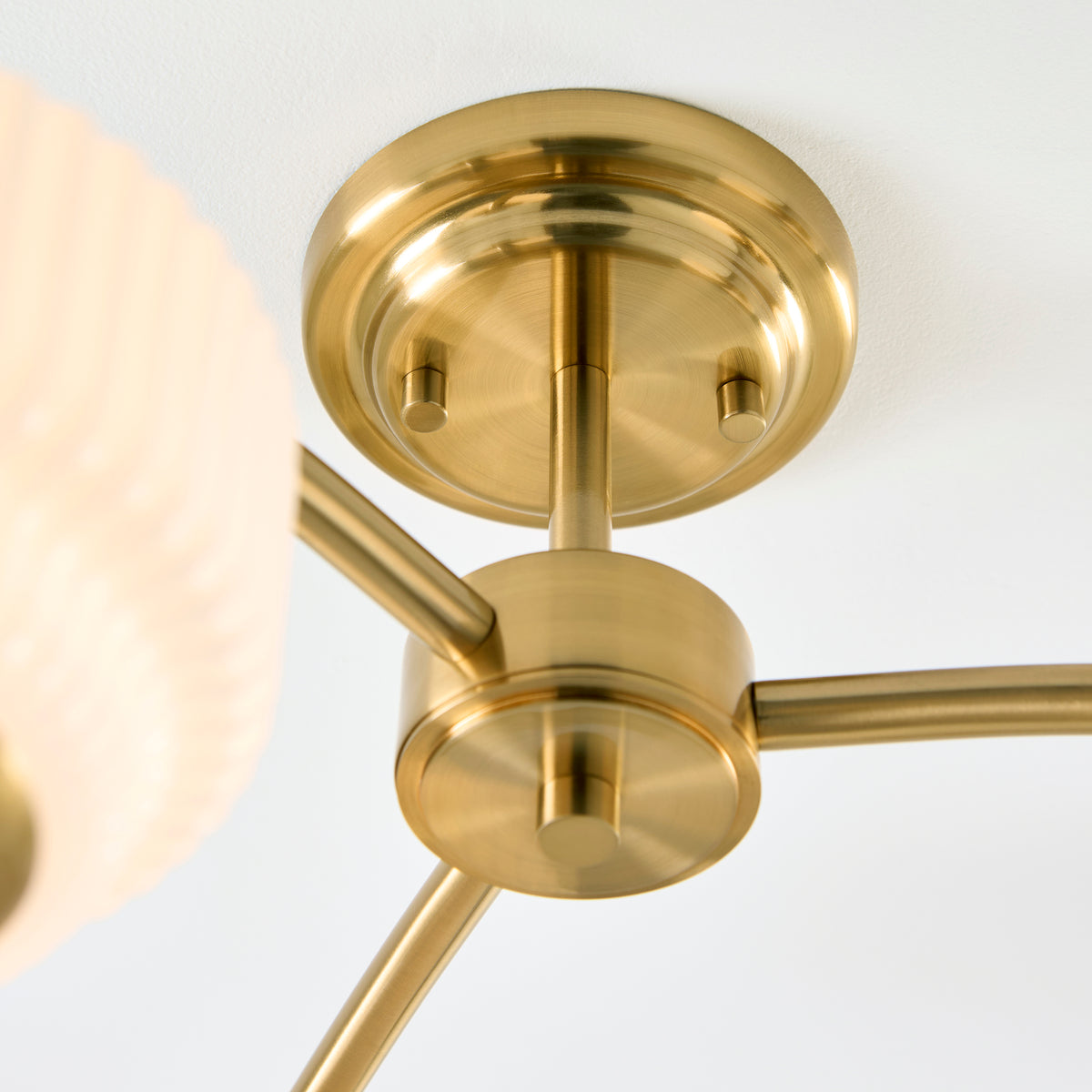 Endon Evora 3 Light Semi Flush - Brushed Aged Brass Plate & Opal Ribbed Glass
