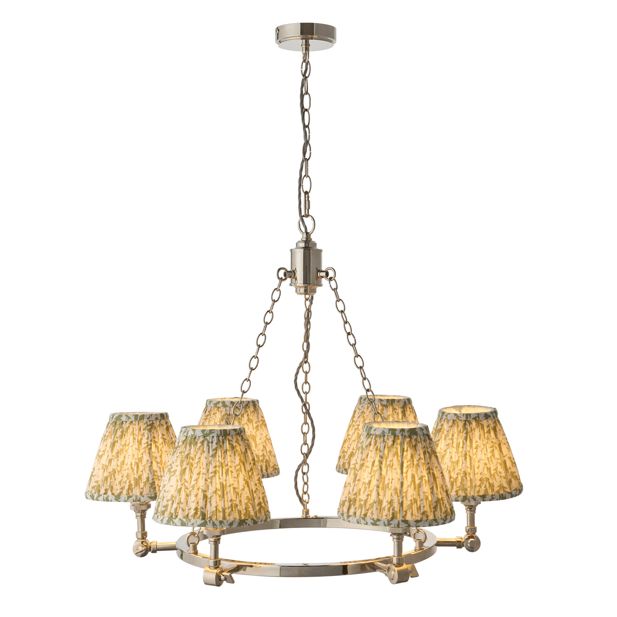 Endon Arabella 6 light pendant in bright nickel with six herb garden green leaf print pleated shades, lit, hanging on three chains, white background