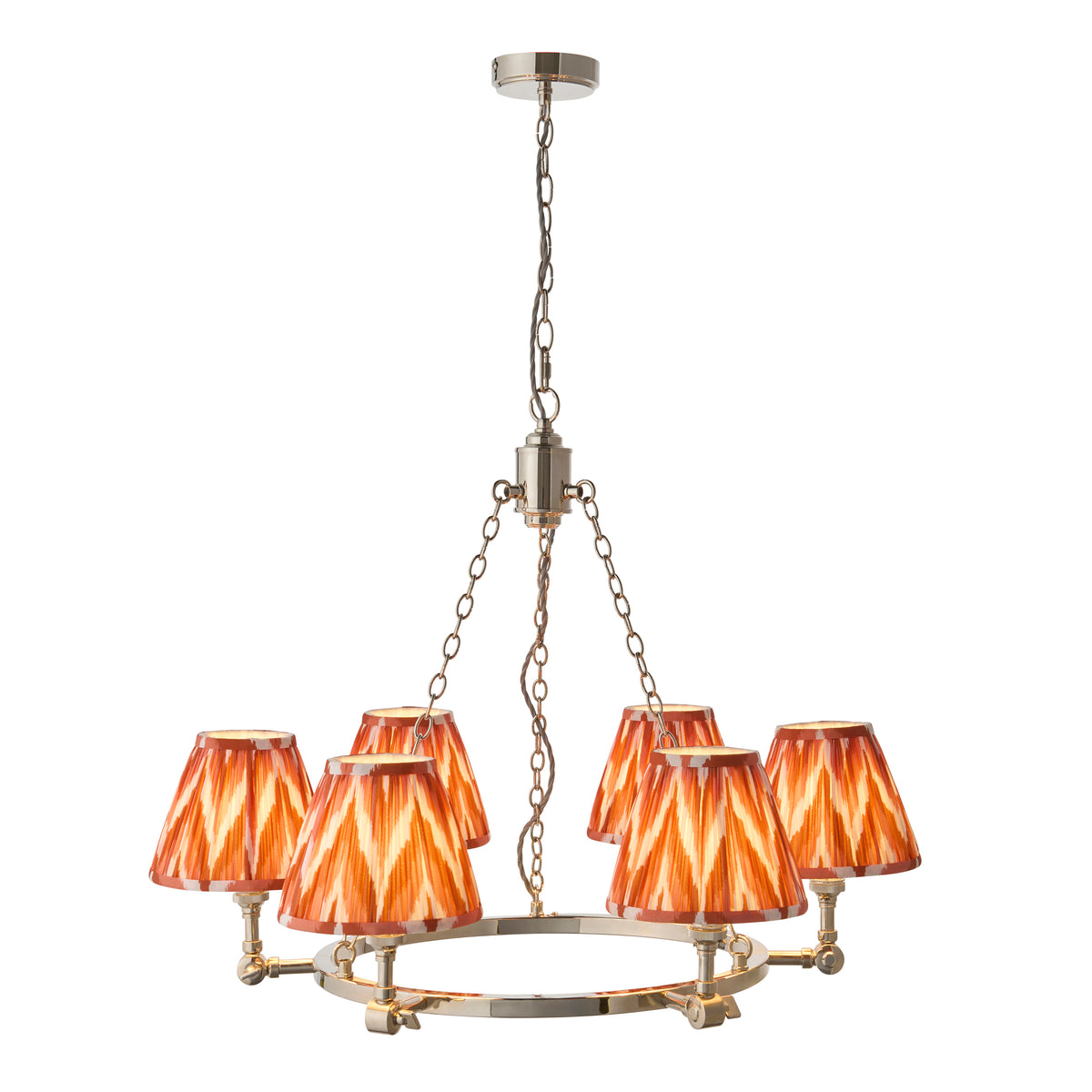 Endon Arabella 6 light pendant chandelier in bright nickel plate with six apricot orange zigzag print shades, unlit, cut out on white