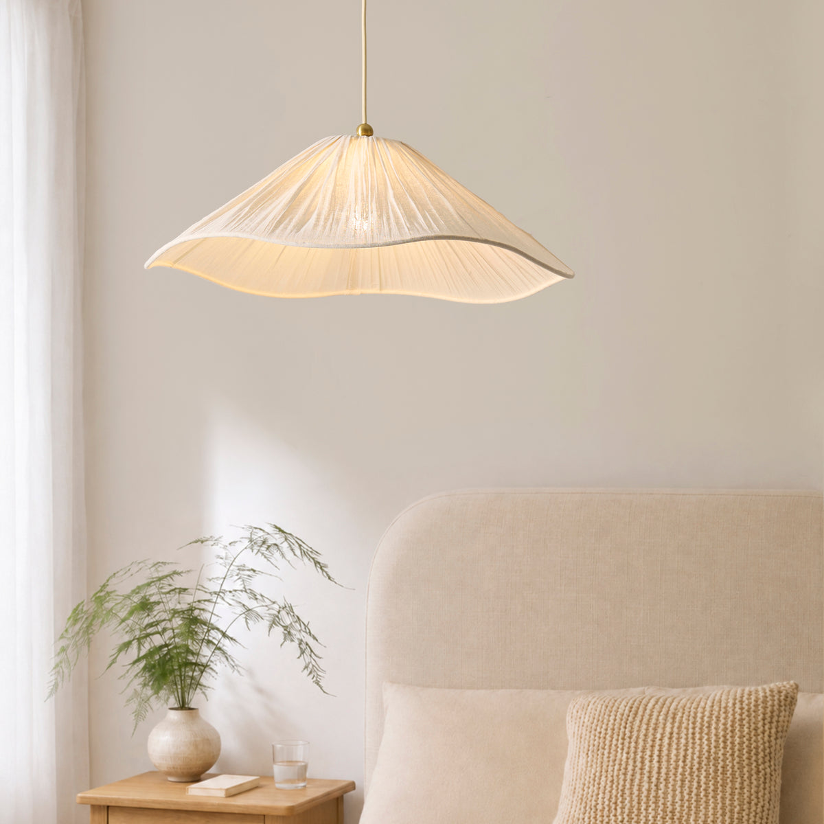 Endon Isabella Grand Pendant - Brushed Aged Brass Plate & Vintage White Fabric
