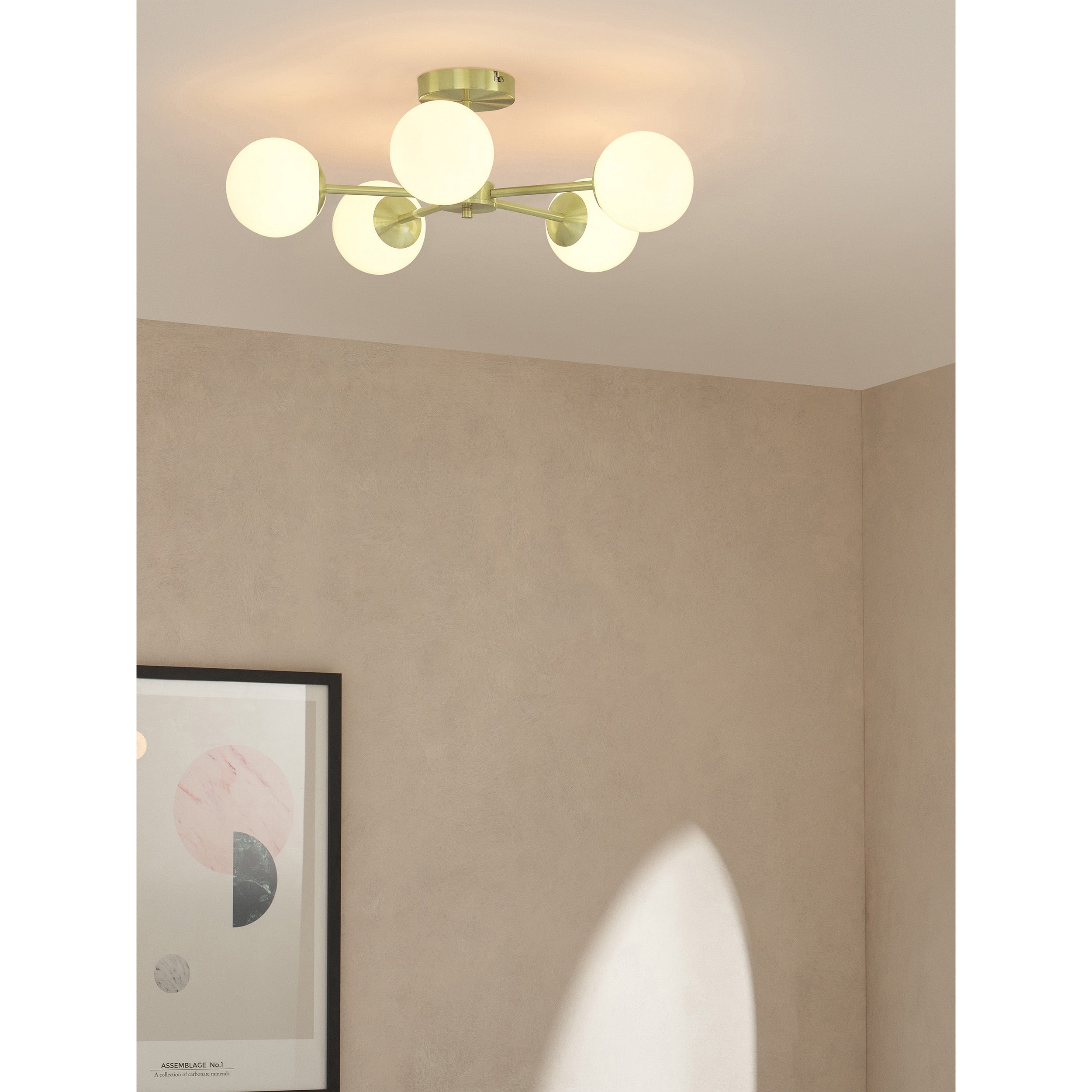 MADE.COM Globe 5 Light Flush Ceiling Light - Brass & Opal