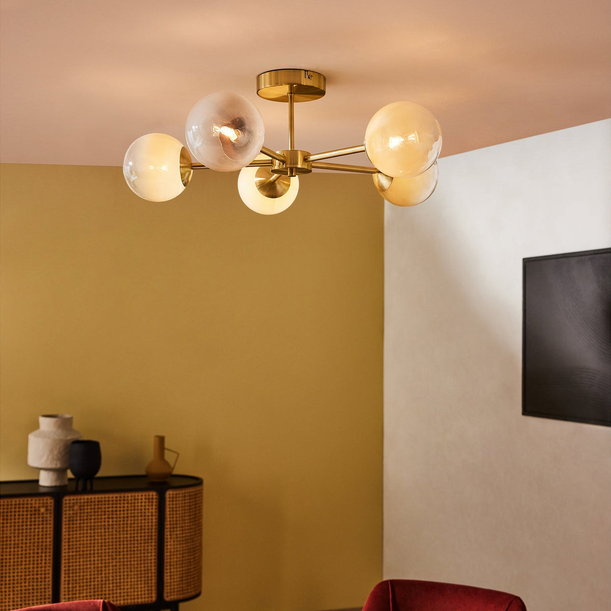 MADE.COM Globe 5 Light Flush Ceiling Light - Brass & Green Ombre