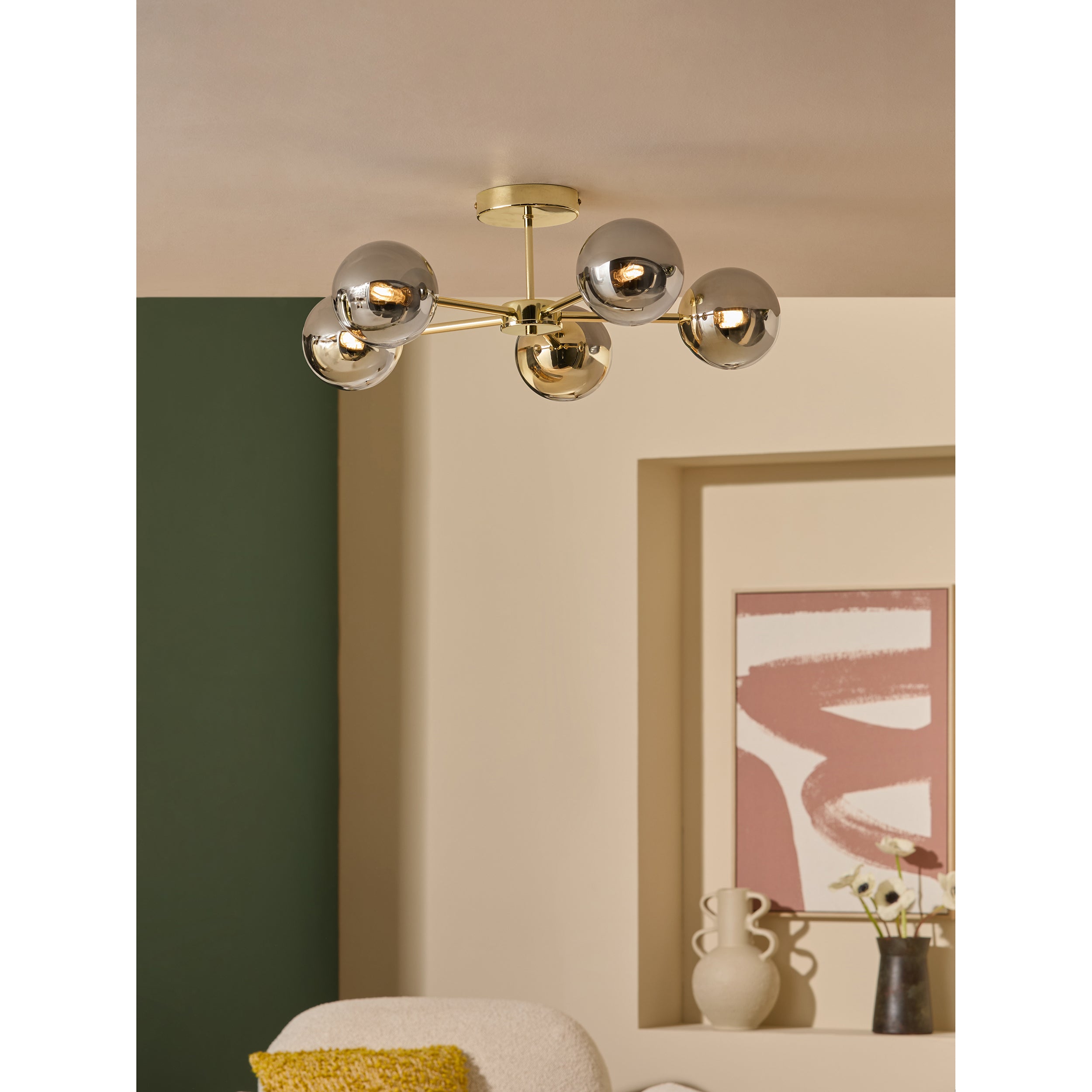MADE.COM Globe 5 Light Flush Ceiling Light - Brass & Smoked Glass
