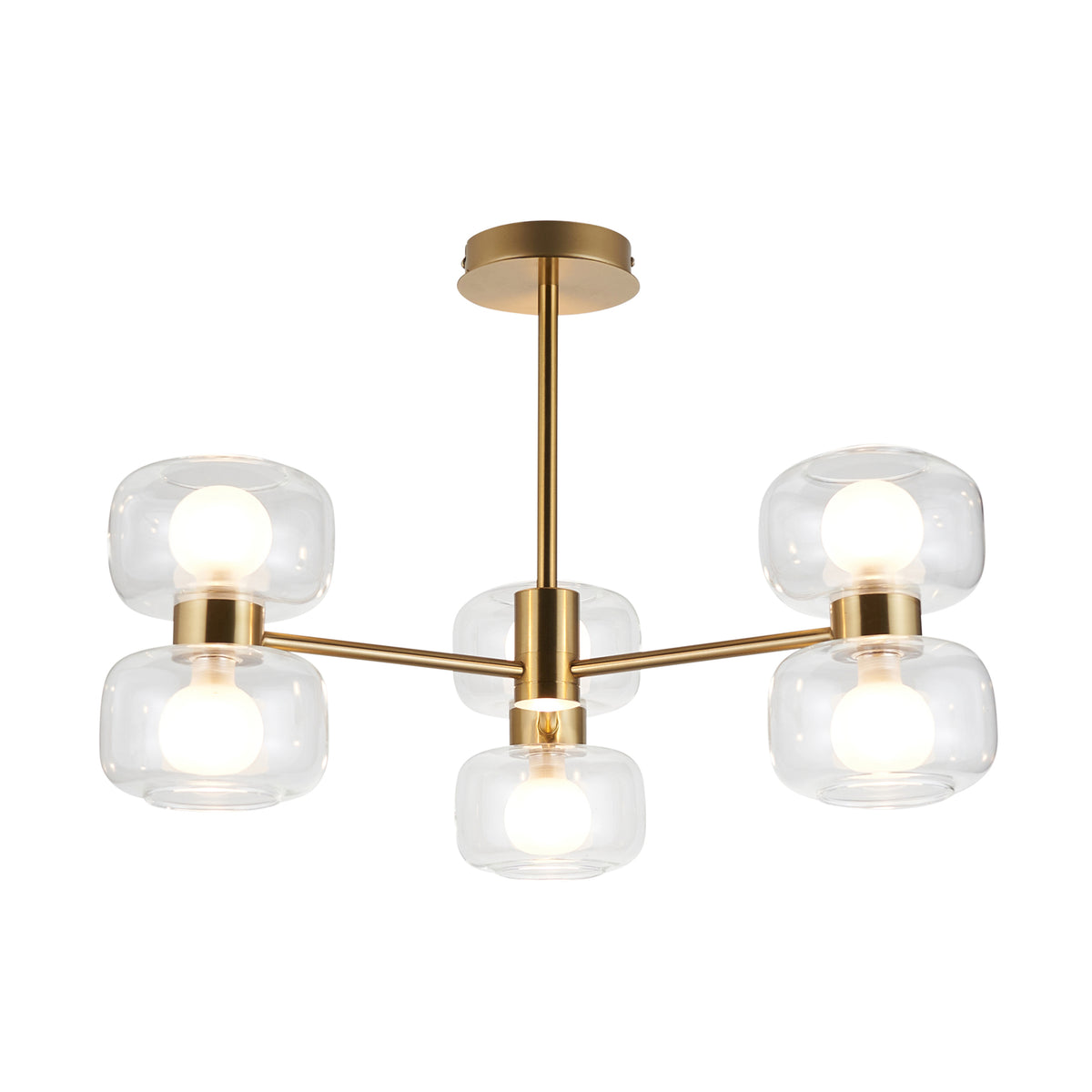 Endon Rossano 6 Light Semi Flush - Warm Brass Plate & Clear/Frosted Glass