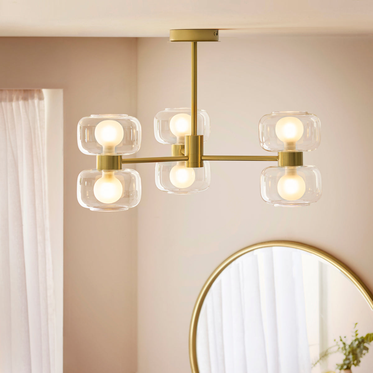 Endon Rossano 6 Light Semi Flush - Warm Brass Plate & Clear/Frosted Glass