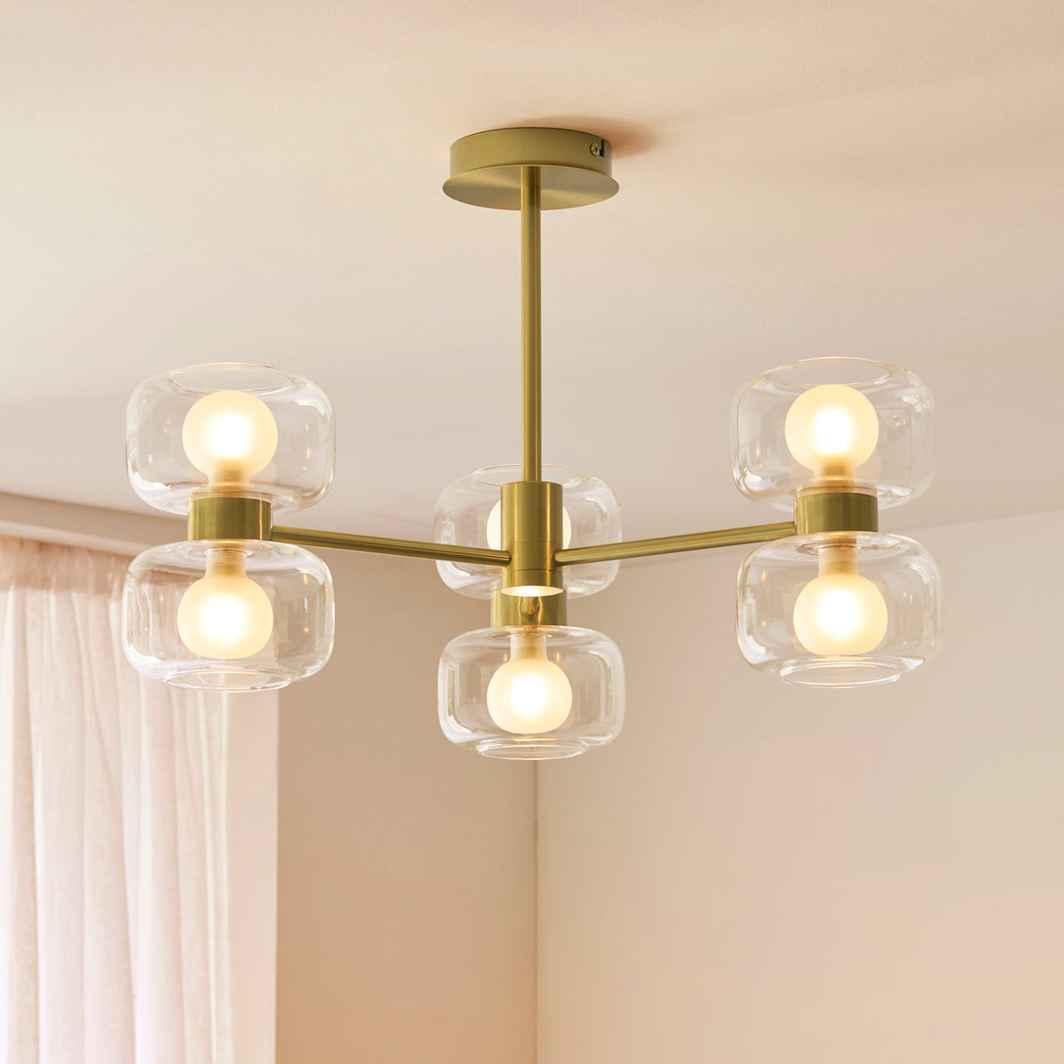 Endon Rossano 6 Light Semi Flush - Warm Brass Plate & Clear/Frosted Glass