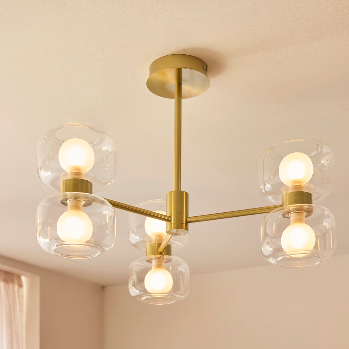 Endon Rossano 6 Light Semi Flush - Warm Brass Plate & Clear/Frosted Glass