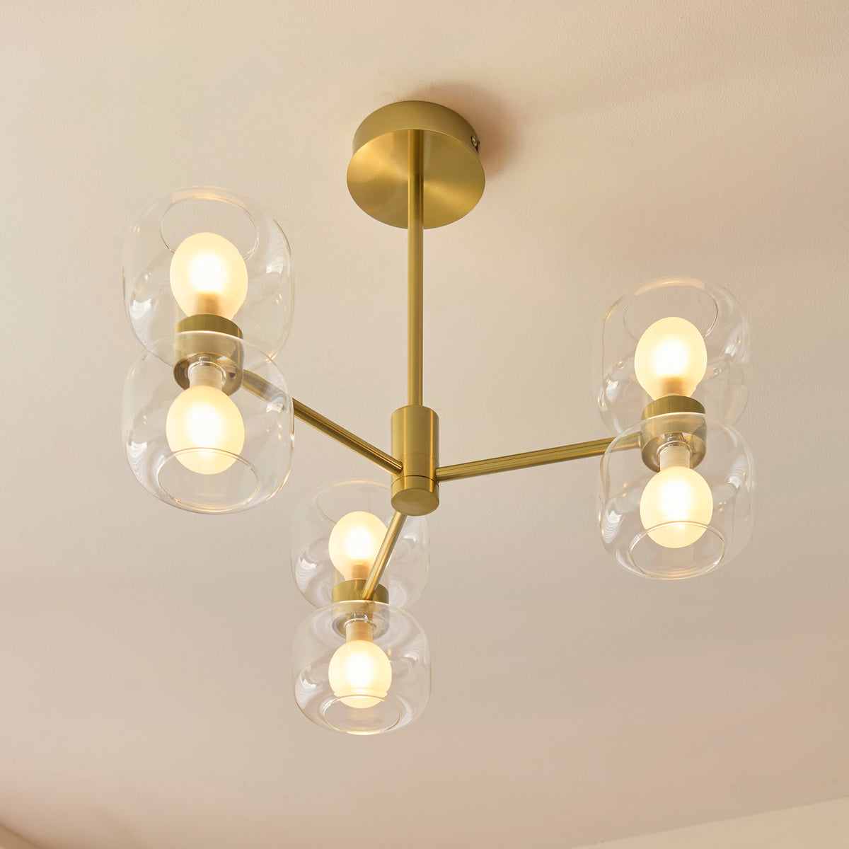 Endon Rossano 6 Light Semi Flush - Warm Brass Plate & Clear/Frosted Glass