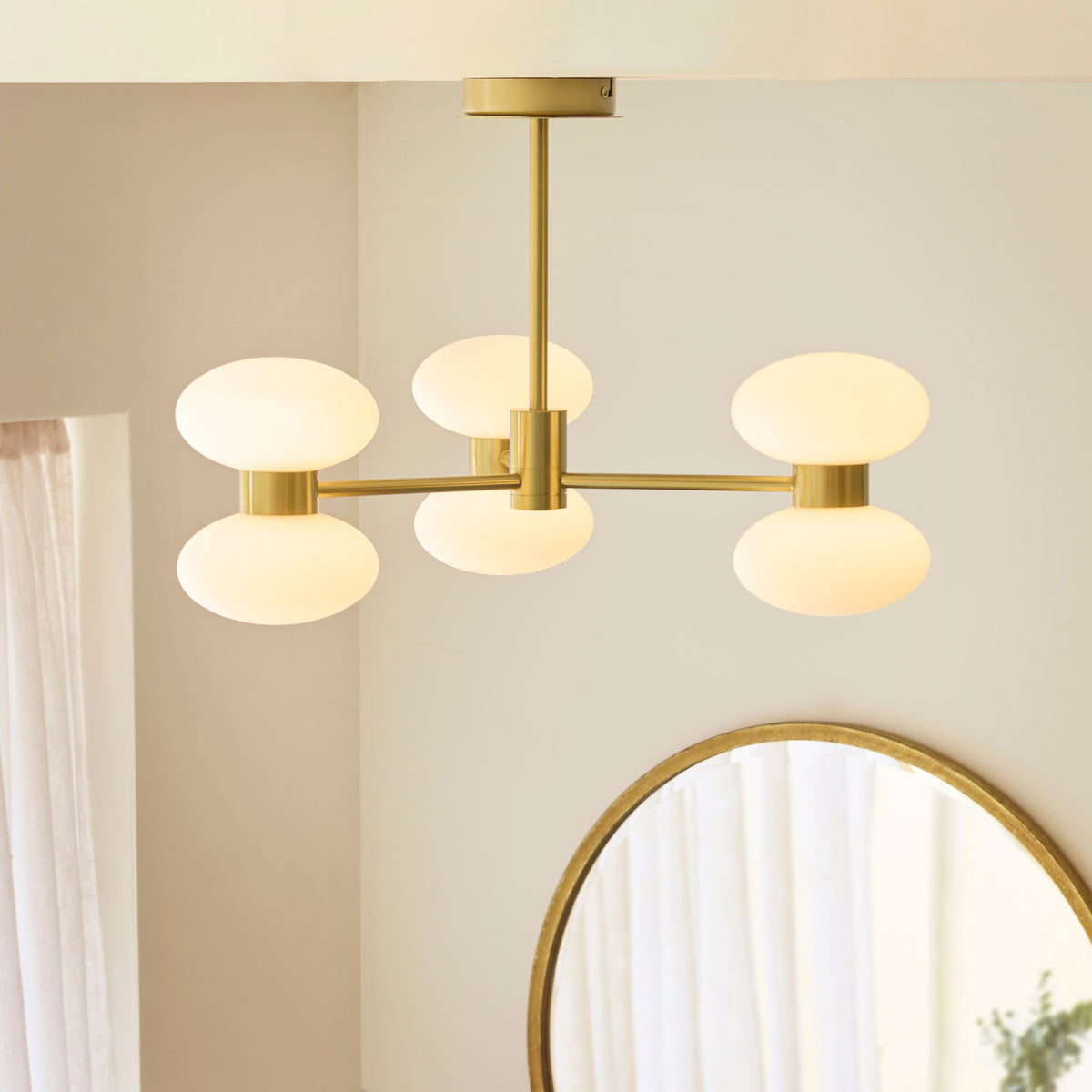 Endon Rossano 6 Light Semi Flush - Warm Brass Plate & Opal Glass
