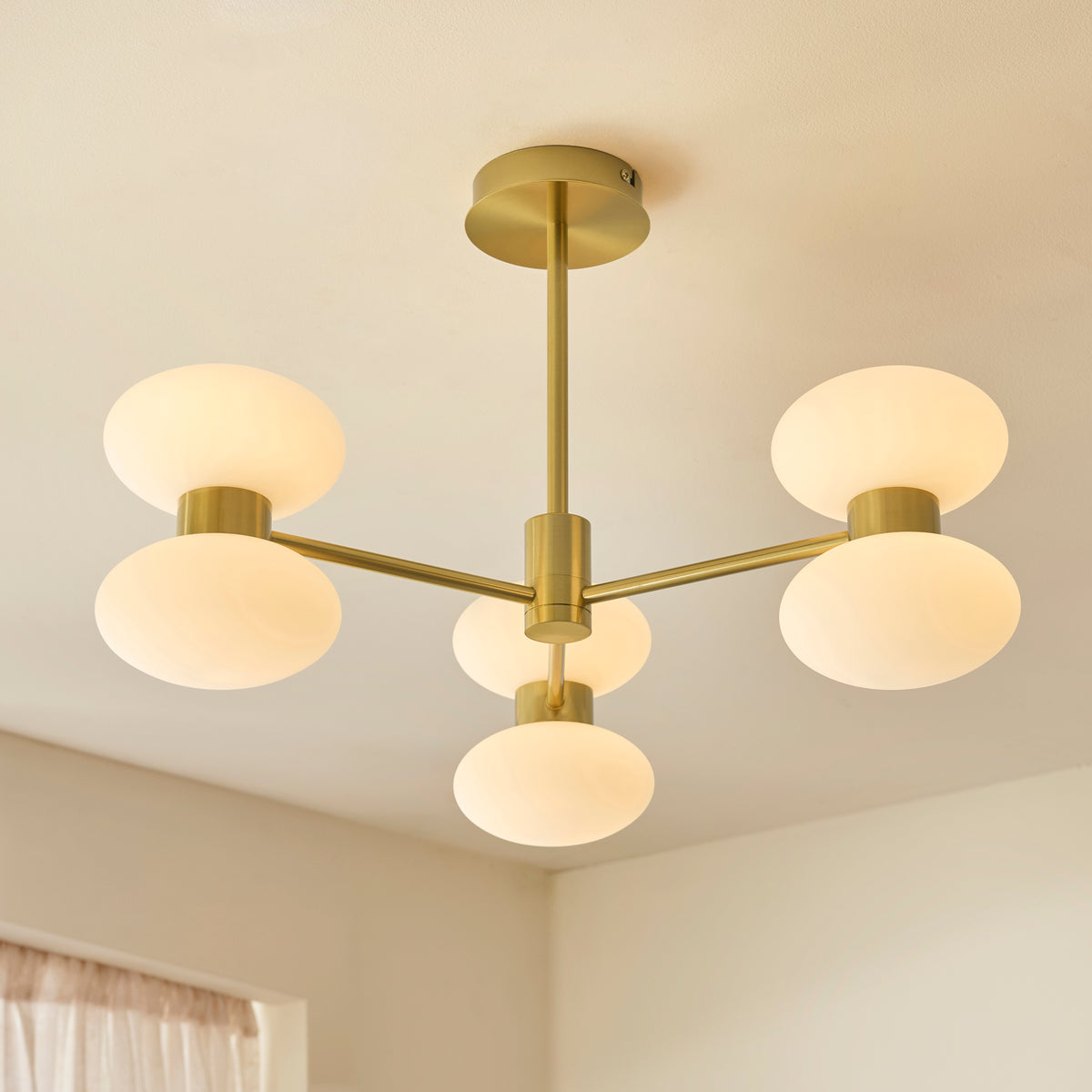 Endon Rossano 6 Light Semi Flush - Warm Brass Plate & Opal Glass
