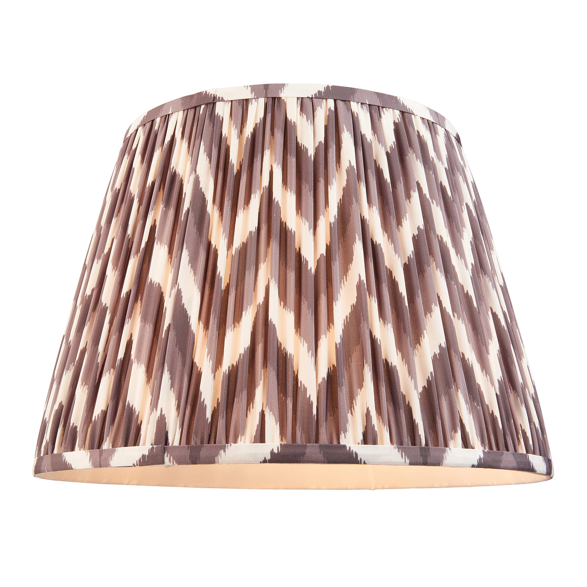Endon 40cm pearl grey zigzag pleated faux silk lamp shade shown on its own, with brown and off white chevrons