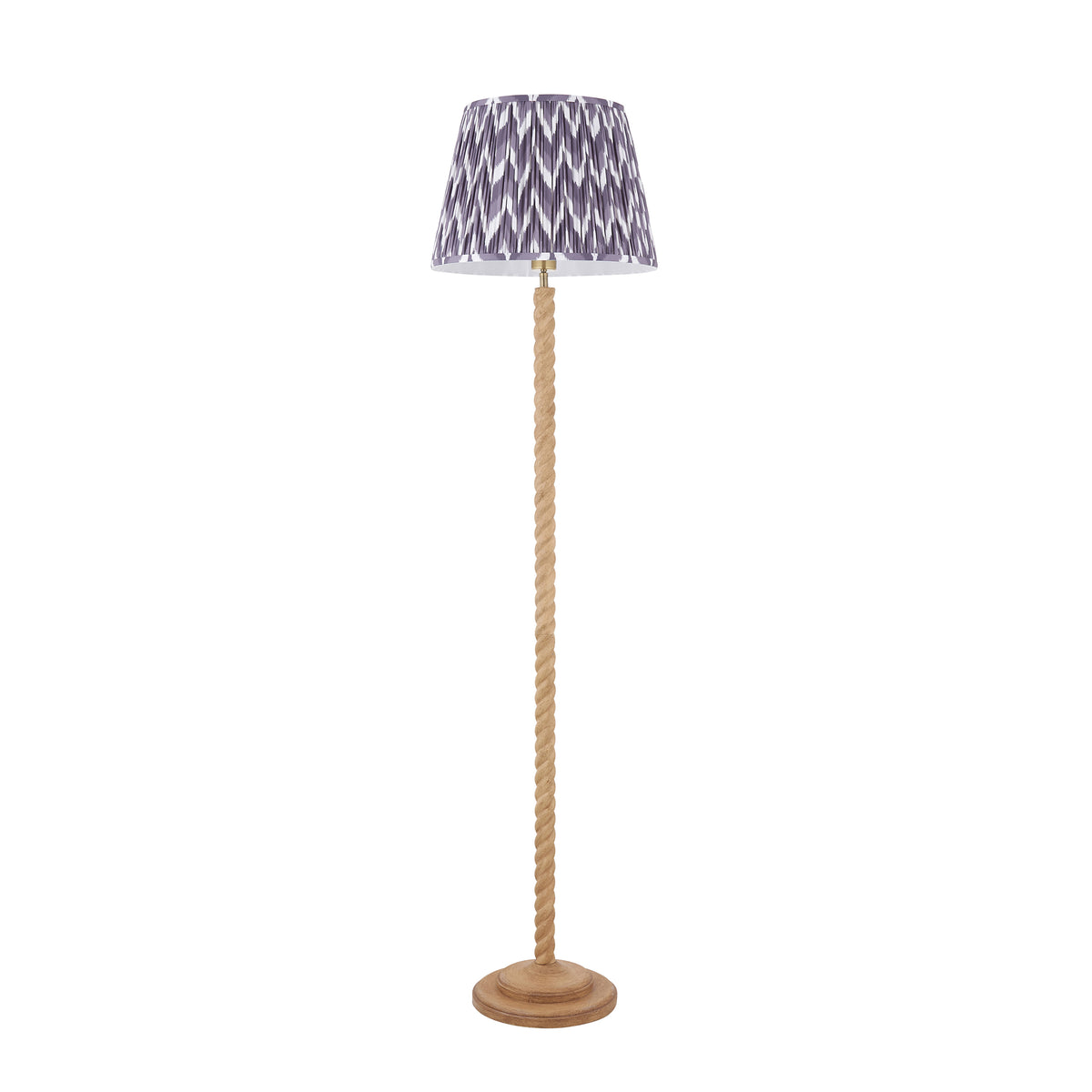 Endon Twist oak effect floor lamp with 40cm pearl grey zigzag shade, full height cut out on white, lamp switched off