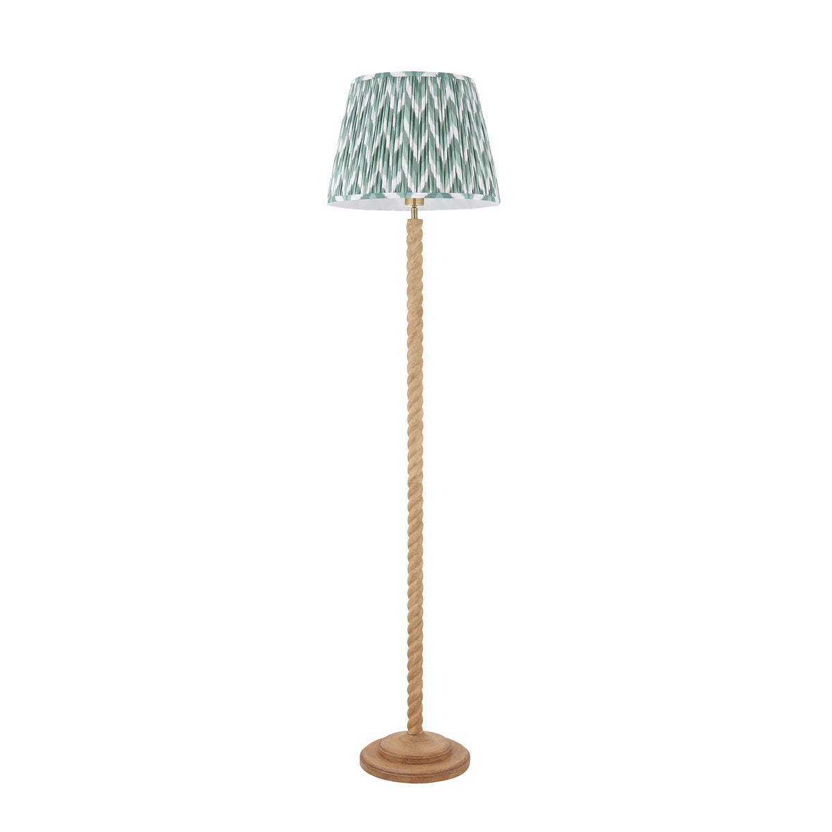 Endon Twist floor lamp in oak effect resin with a 40cm Cotswold green ZigZag shade, unlit cut out on white