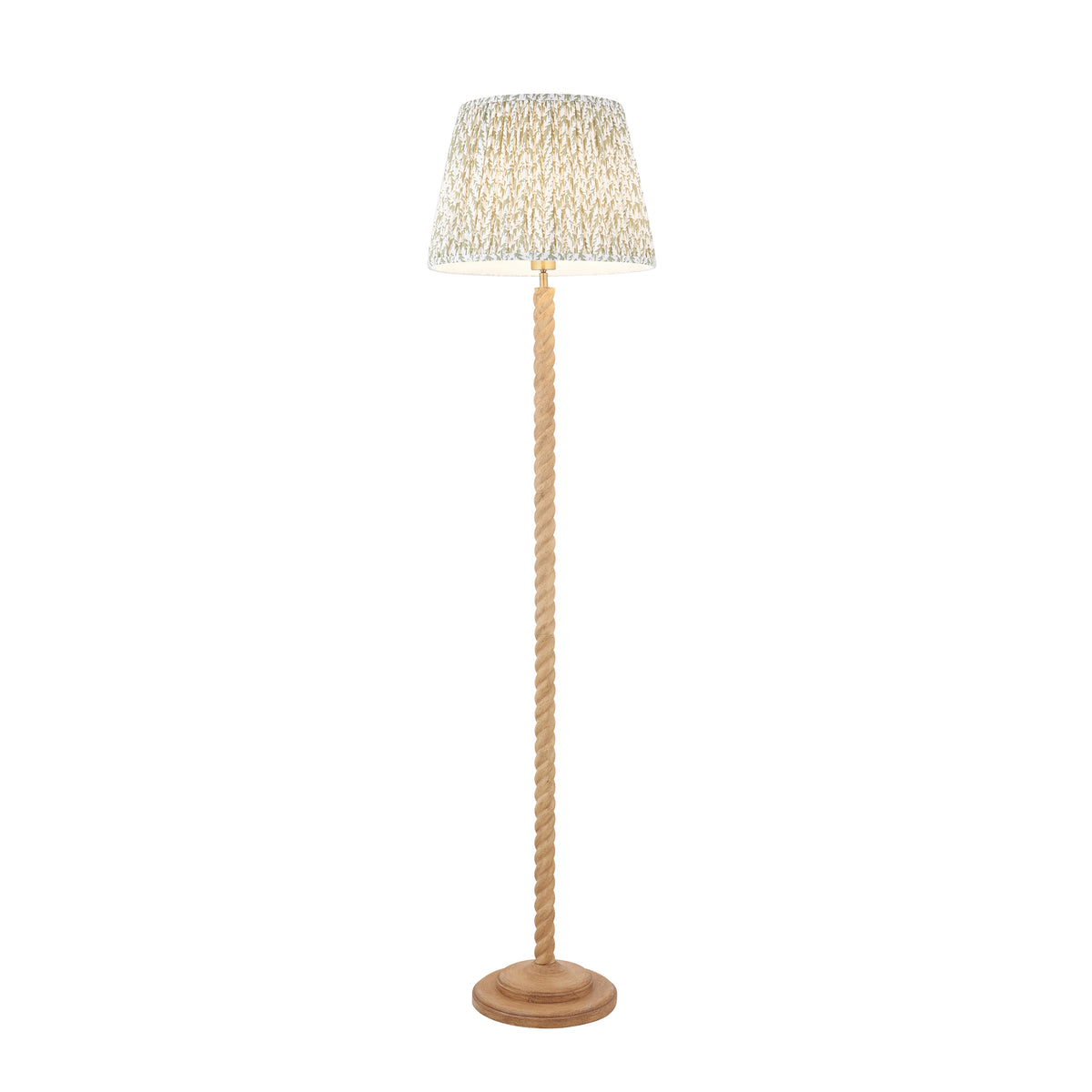 Endon Twist floor lamp in oak effect resin with the lit 40cm herb garden green Leaf shade, cut out on white