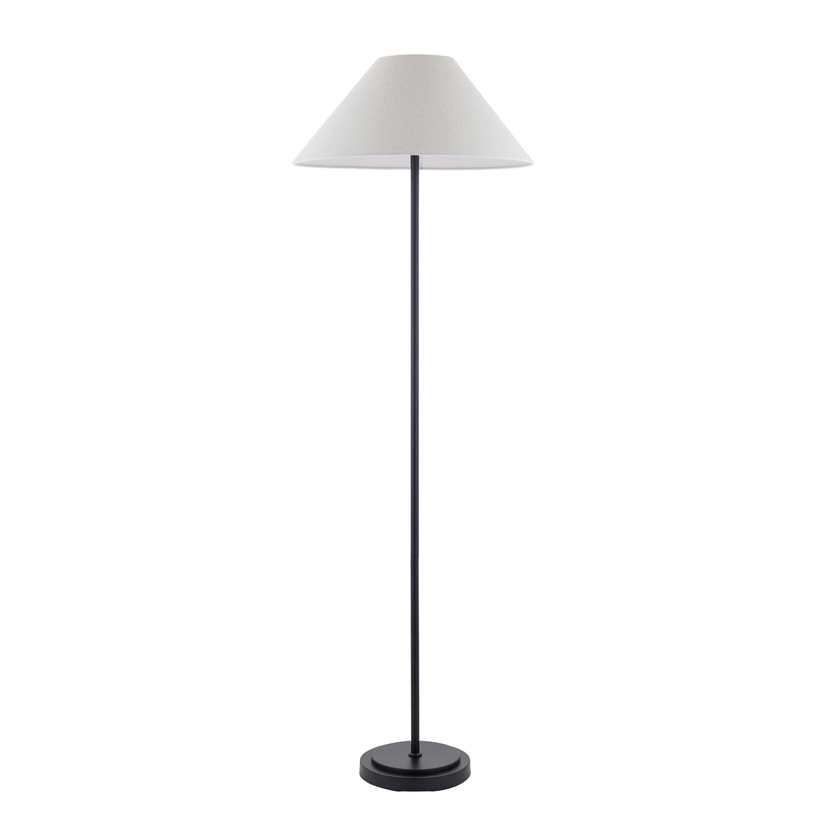 Endon Arlo matt black floor lamp with Avalon natural linen shade, unlit cut out on white showing the slim stem and round base