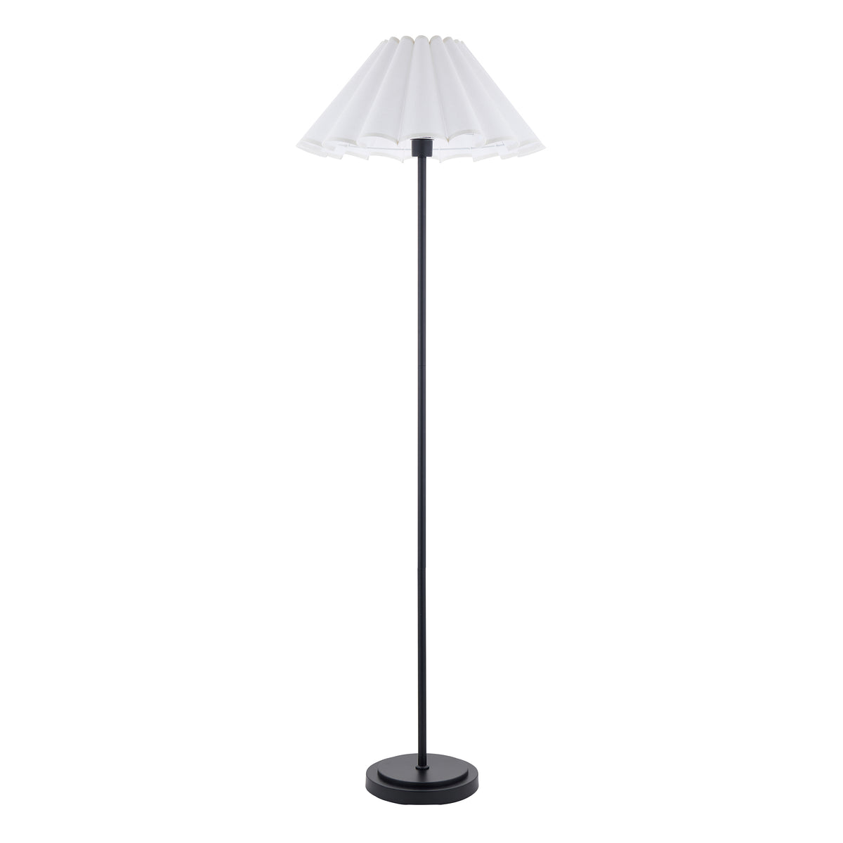 Endon Arlo and Ayla floor lamp, matt black stem and base with a 53cm pleated vintage white scalloped cotton shade, unlit cut out on white