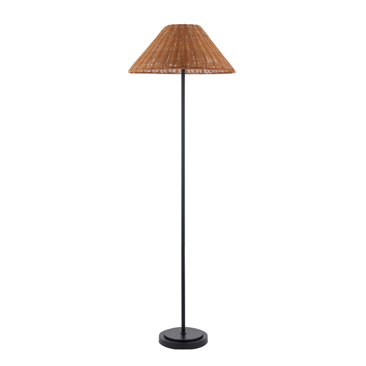 Endon Arlo floor lamp with a slim matt black stem and a 52cm dark rattan coolie shade, cut out on a white background
