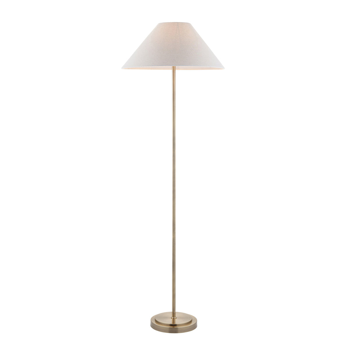 Endon Arlo floor lamp in antique brass with the 52cm Avalon natural linen shade, unlit, cut out on a white background