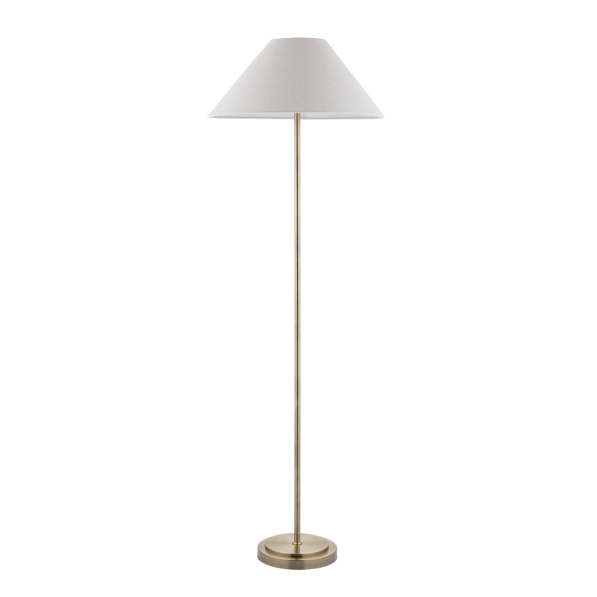 Endon Arlo floor lamp with slim antique brass stem and natural linen Avalon shade, unlit product shot on white