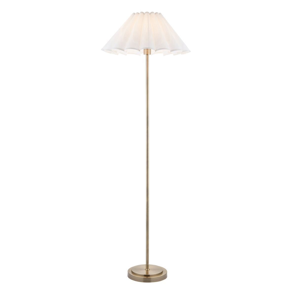 Endon Arlo floor lamp in antique brass plate with Ayla 53cm vintage white scalloped cotton shade, unlit, cut out on a white background