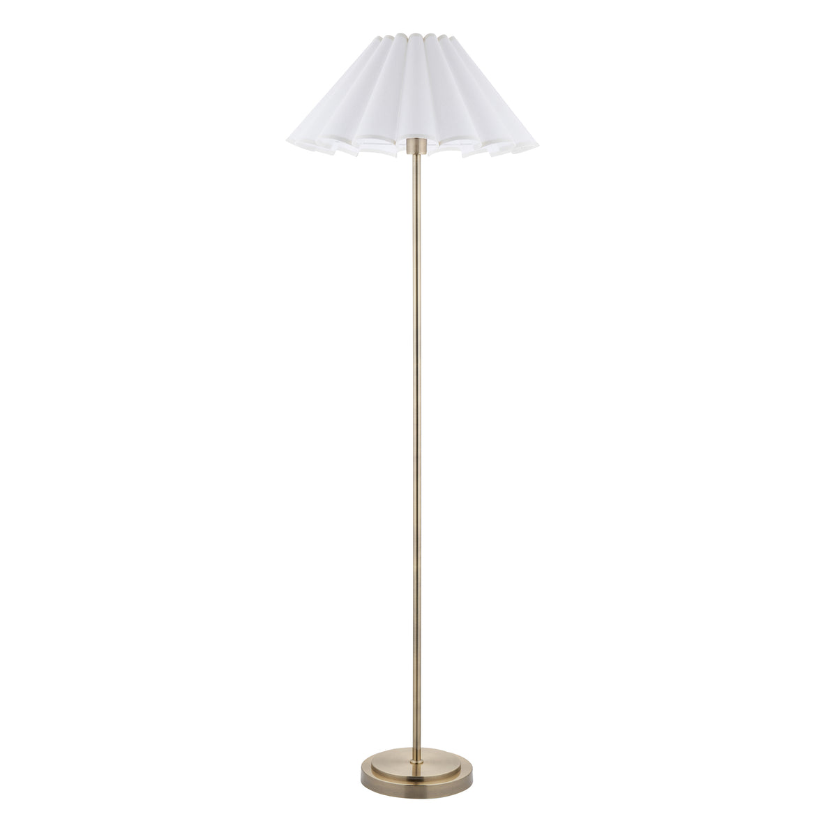 Endon Arlo antique brass floor lamp with Ayla vintage white scalloped shade, unlit, plain white background product shot
