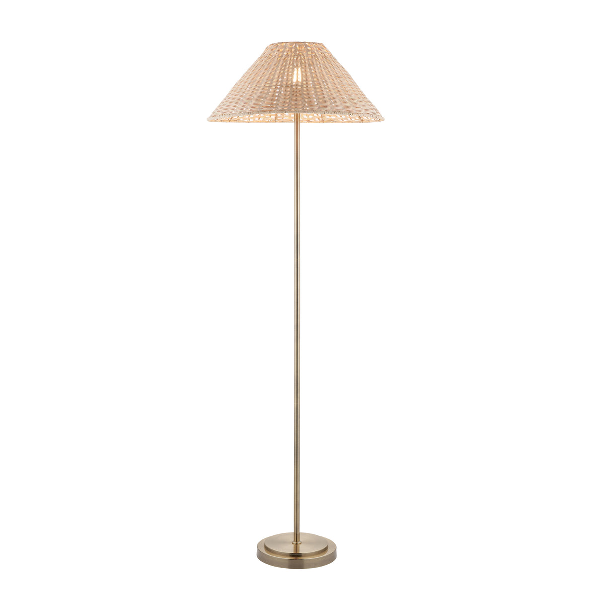 Endon Arlo floor lamp in antique brass with natural rattan shade, lit, full length cut out on a white background