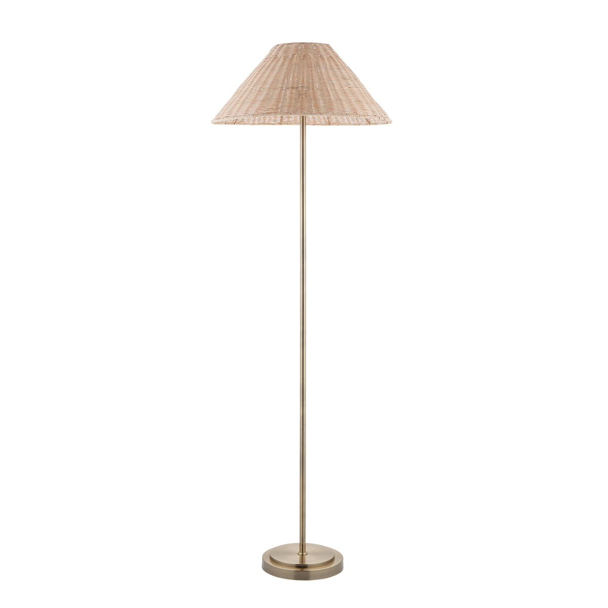 Endon Arlo floor lamp in antique brass with natural rattan shade, full length product shot on white, shown switched off