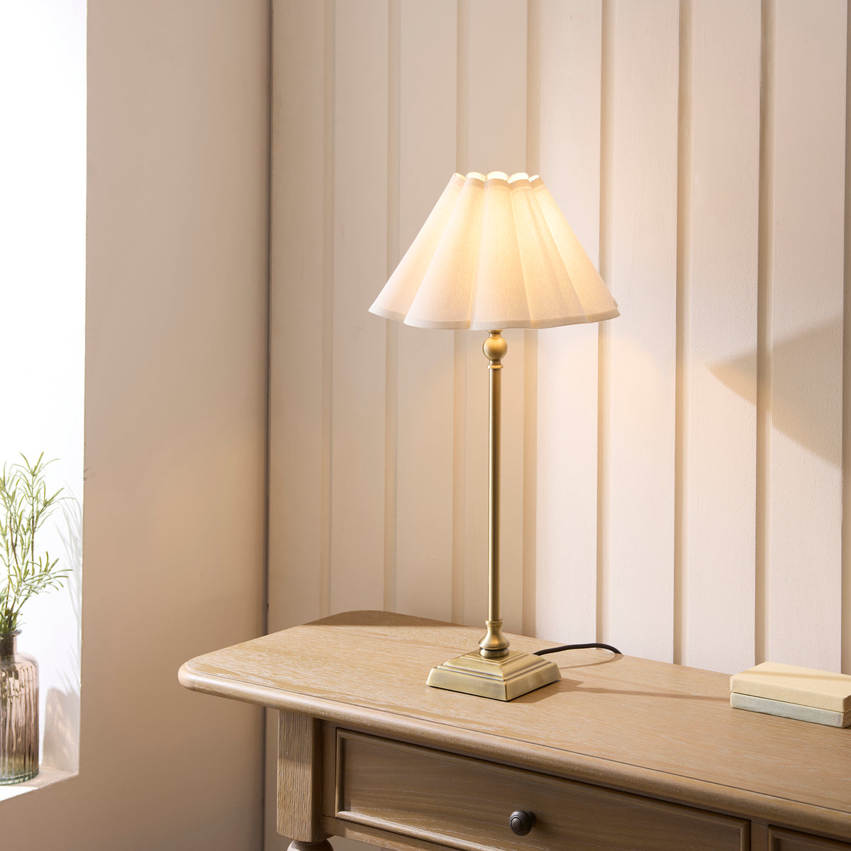 Endon Sylvie Table Light - Antique Brass Plate & Vintage White Cotton