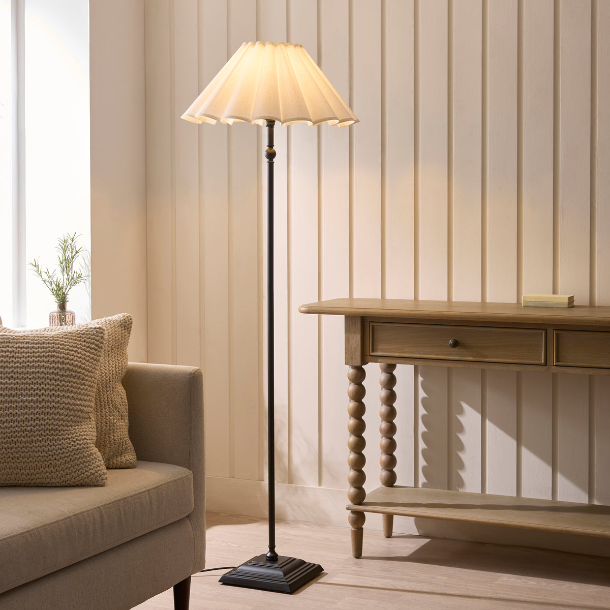 Endon Sylvie Floor Light - Matt Black & Vintage White Cotton