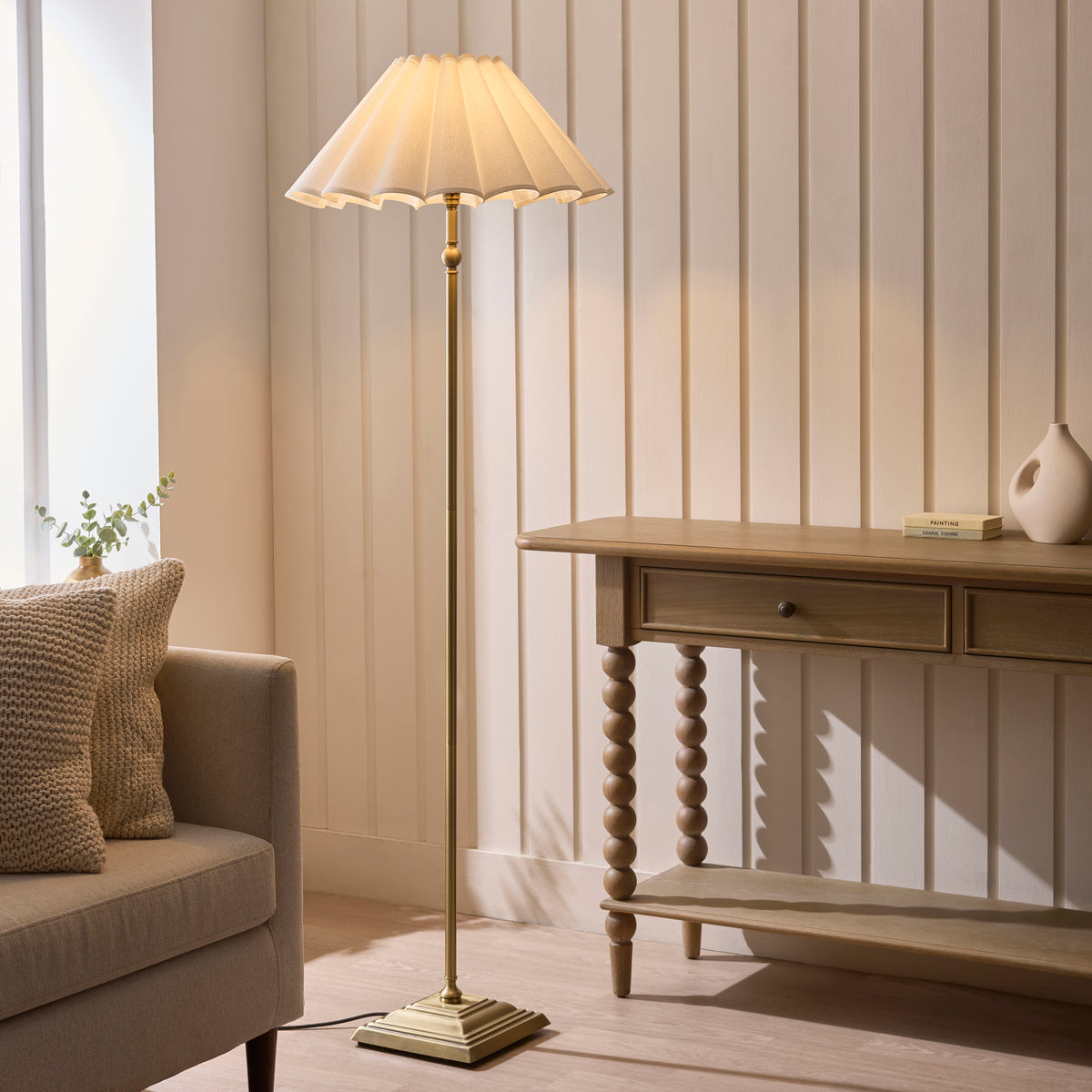 Endon Sylvie Floor Light - Antique Brass Plate & Vintage White Cotton