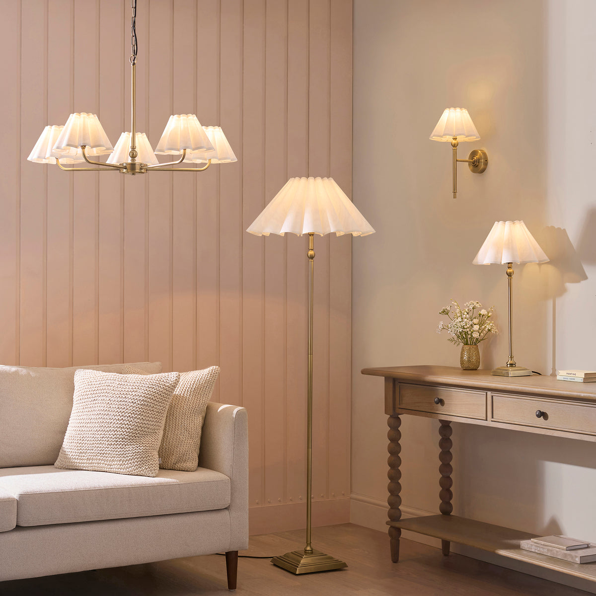Endon Sylvie Floor Light - Antique Brass Plate & Vintage White Cotton