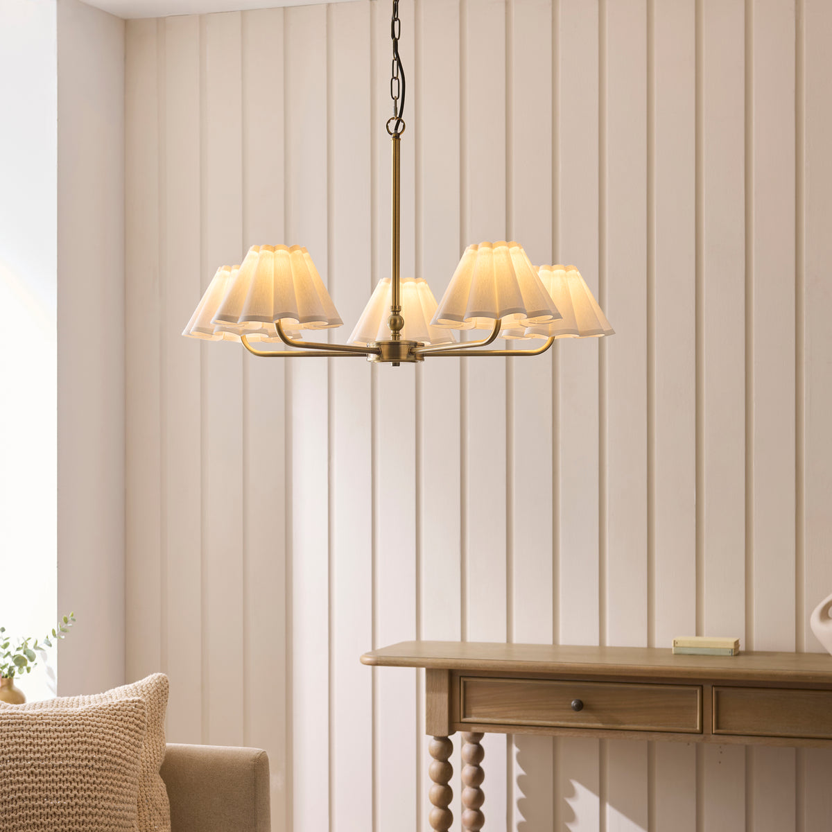 Endon Sylvie 5 Light Pendant - Antique Brass Plate & Vintage White Cotton
